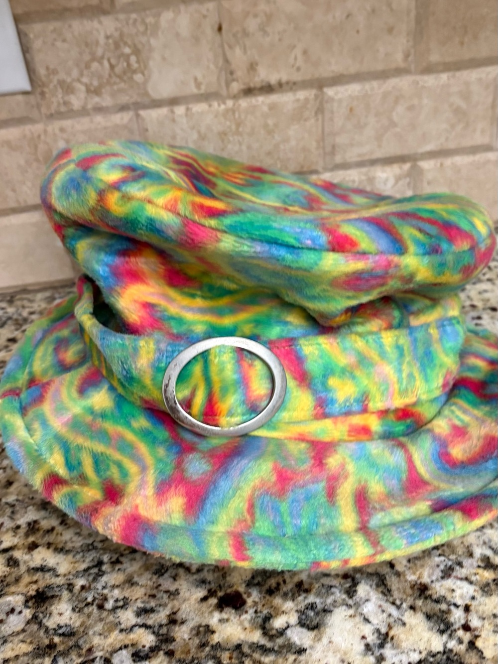 Plush Multicolor Tie-Dye Bucket Hat with Silver Ring Accent